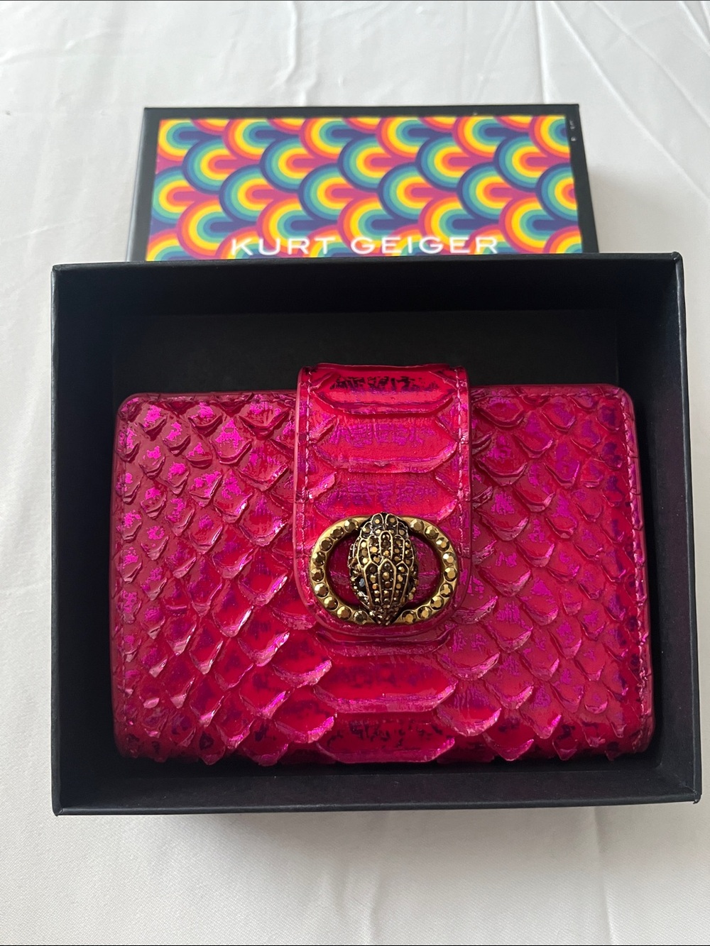 Kurt Geiger Metallic Fuchsia Python-Embossed Snap Wallet with Gold Crest